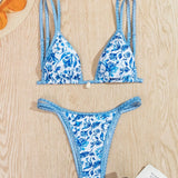 Swim Vcay Bikini de espalda abierta con estampado de plantas, detalle nudos y copas acolchadas removibles, perfecto para verano en la playa