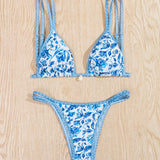 Swim Vcay Bikini de espalda abierta con estampado de plantas, detalle nudos y copas acolchadas removibles, perfecto para verano en la playa