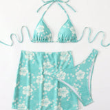 Swim Conjunto de traje de bano de tres piezas para vacaciones en la playa con estampado floral aleatorio