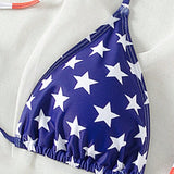 Swim Vcay Top de bikini de cuello halter con estampado de bandera estadounidense para mujer, perfecto para vacaciones de verano y del 4 de julio, con diseno de estampado aleatorio