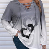 LUNE Plus Size Women's Gradient Heart Pattern Long Sleeve T-Shirt