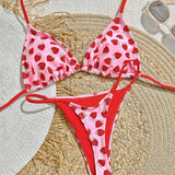 NEW  Swim Mod Conjunto de bikini y bralette triangular con tirantes halter a juego y estampado de fresas para vacaciones