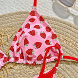 NEW  Swim Mod Conjunto de bikini y bralette triangular con tirantes halter a juego y estampado de fresas para vacaciones