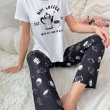 Conjunto de pijama para mujeres, de talla estandar, con estampado de cafetera y pan, cuello redondo y estilo informal