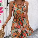 VCAY Summer Casual Vacation Leaf Printed Romper