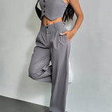 EZwear Conjuntos de verano atuendos de verano, conjunto de chaleco unicolor para mujer y pantalon con detalles de cuadros