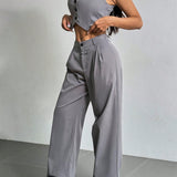 EZwear Conjuntos de verano atuendos de verano, conjunto de chaleco unicolor para mujer y pantalon con detalles de cuadros