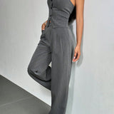 EZwear Top minimalista sin tirantes gris y pantalones de traje monocromaticos plisados a juego