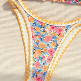 Swim Mod Conjunto de bikini con estampado floral para mujer, estampado aleatorio, ropa de playa para verano