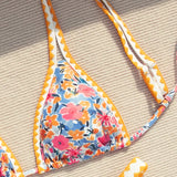 Swim Mod Conjunto de bikini con estampado floral para mujer, estampado aleatorio, ropa de playa para verano