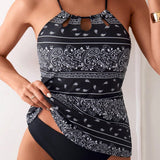 Swim Lushore Conjunto de bikini tankini de vacaciones de verano para mujer con diseno de estampado de cachemira, espalda hueca con cordon