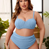 Swim Vcay Conjunto de bikini sólido de talla grande para mujer, elegante y sencillo, con detalles fruncidos para vacaciones en la playa de verano