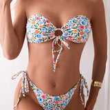 NEW Conjunto de bikini de mujer estampado bandeau con bralette y fondo de traje de bano con lazo lateral para vacaciones en la playa
