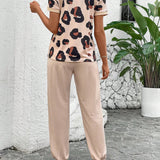 LUNE Conjunto de dos piezas para mujer, camiseta de manga corta con estampado de leopardo y pantalones largos casuales para primavera/verano