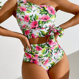 Swim Vcay Conjunto de tankini con cuello asimetrico y estampado floral para mujeres en vacaciones de playa de verano.