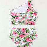 Swim Vcay Conjunto de tankini con cuello asimetrico y estampado floral para mujeres en vacaciones de playa de verano.