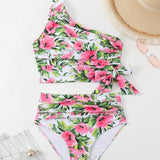 Swim Vcay Conjunto de tankini con cuello asimetrico y estampado floral para mujeres en vacaciones de playa de verano.