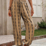 NEW EMERY ROSE Pantalones largos casuales versatiles con estampado geometrico y corte aleatorio, cintura elastica con cordon y punos ajustados