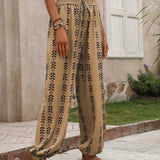 NEW EMERY ROSE Pantalones largos casuales versatiles con estampado geometrico y corte aleatorio, cintura elastica con cordon y punos ajustados