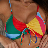 Swim Top de bikini de mujer con cordon de bloques de color con estampado arrugado para vestimenta de playa