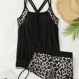 Swim Lushore Traje de bano de dos piezas para mujeres de playa de verano, con top tankini de unicolor y estampado de leopardo con tiras cruzadas en la espalda y shorts de bano. Estampado aleatorio.