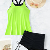 VCAY Conjunto de tankini de color bloque en colores neon para vacaciones en la playa de verano