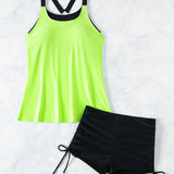 VCAY Conjunto de tankini de color bloque en colores neon para vacaciones en la playa de verano