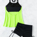 VCAY Conjunto de tankini de color bloque en colores neon para vacaciones en la playa de verano