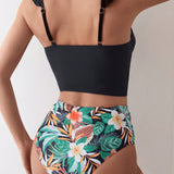 Swim Conjunto Tankini de 2 piezas para mujer, impresion aleatoria, diseno con capas y borde de volantes