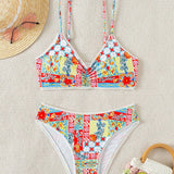 Swim Vcay Conjunto de bikini de espagueti estampado completo para damas, ideal para vacaciones en la playa, verano