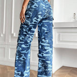 EZwear Pantalones largos de mujer con botones y bolsillos de impresion completa