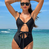 Swim SXY Mujeres Monokini Halter sin respaldo en unicolor para vacaciones