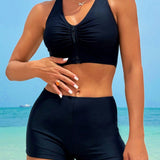 Swim Conjunto de bikini de unicolor con cuello en V, con cremallera trasera y hueco para mujer en verano