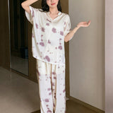 DAZY Juego de pijama para mujeres con estampado Tie-Dye con cuello en V