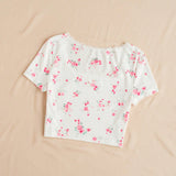 WYWH Camiseta de manga corta con parches florales de encaje minimalista y ocio para vacaciones
