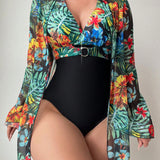 Swim Lushore Mujeres traje de bano de una pieza con estampado tropical de moda y kimono para verano