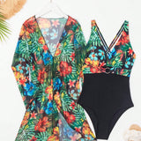 Swim Lushore Mujeres traje de bano de una pieza con estampado tropical de moda y kimono para verano