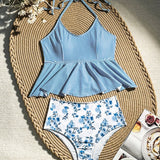 Swim Vcay Top de tankini con borde de volantes a la moda y tirantes ajustables con lazo y Bottom de natacion a rayas para mujeres de verano en la playa