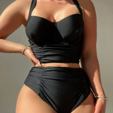 Swim Conjunto de tankini sexy de verano para playa, unicolor con detalle de reunion y espalda cruzada con soporte