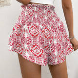 VCAY Shorts de pierna ancha para mujer con estampado floral, cintura elastica y cinturon de lazo