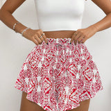 VCAY Shorts de pierna ancha para mujer con estampado floral, cintura elastica y cinturon de lazo