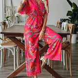 VCAY Women Summer Vacation Style Wide-Leg Jumpsuit With Batwing Sleeves And Tropical Plant Print