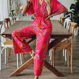 VCAY Women Summer Vacation Style Wide-Leg Jumpsuit With Batwing Sleeves And Tropical Plant Print