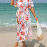 Swim Vcay Vestido holgado para cubrir en la playa para mujeres con estampado tropical de plantas, rajas laterales y dobladillo ancho para vacaciones en la playa de verano