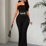 Women's Sexy Strapless Casual Jumpsuit With Metal Waistband And Wave Pattern Flare Pants