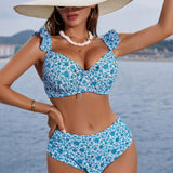 DD+ Conjunto De Bikini De Dos Piezas Con Sujetador Estampado Con Mangas Casquillo Y Braguita De Bikini Plisada, Estampado Al Azar