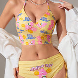 X Care Bears Traje de bano tankini con estampado lindo de osos y letras, con cuello halter para usar en momentos de ocio