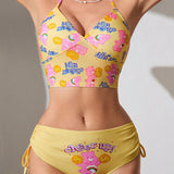 X Care Bears Traje de bano tankini con estampado lindo de osos y letras, con cuello halter para usar en momentos de ocio