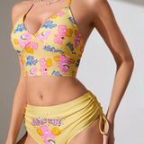 X Care Bears Traje de bano tankini con estampado lindo de osos y letras, con cuello halter para usar en momentos de ocio