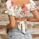 VCAY Top corto con estampado floral estilo vacacional de verano para mujeres, con nudo en la espalda, cuello de corazon, mangas cortas abultadas y recortado